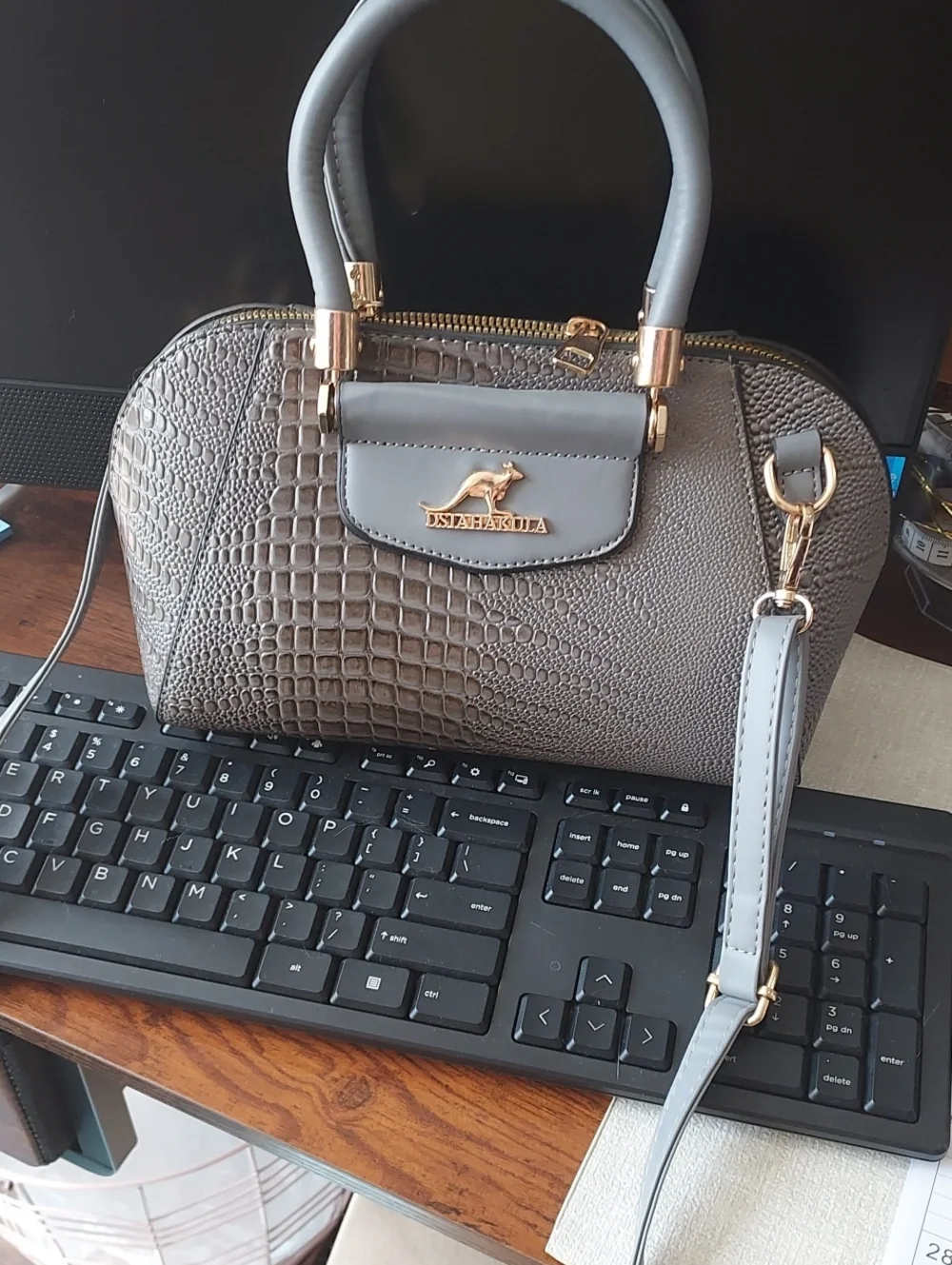 Disha Kula Gray Croc-Embossed Dome Satchel with Gold Hardware - Picture 1 of 5
